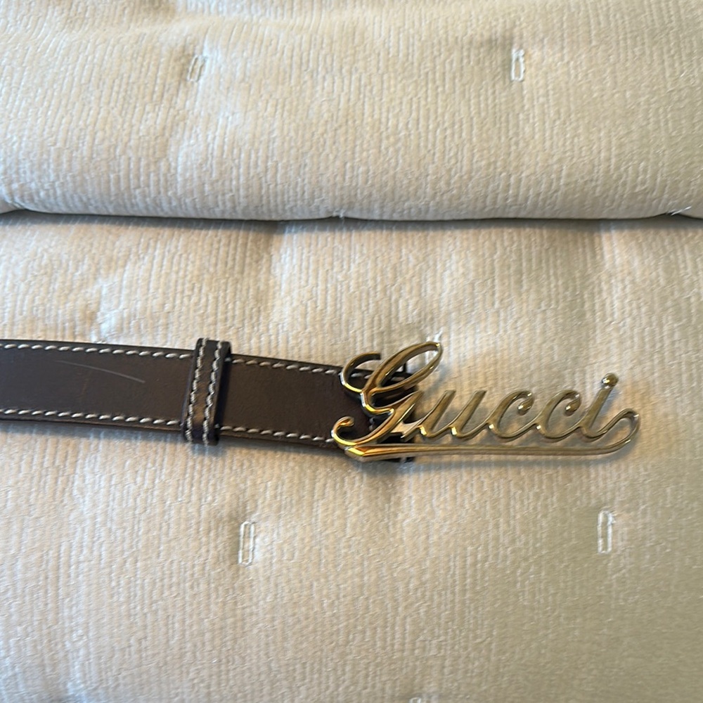 Gucci Brown and Silver Leather Belt with Signature Logo